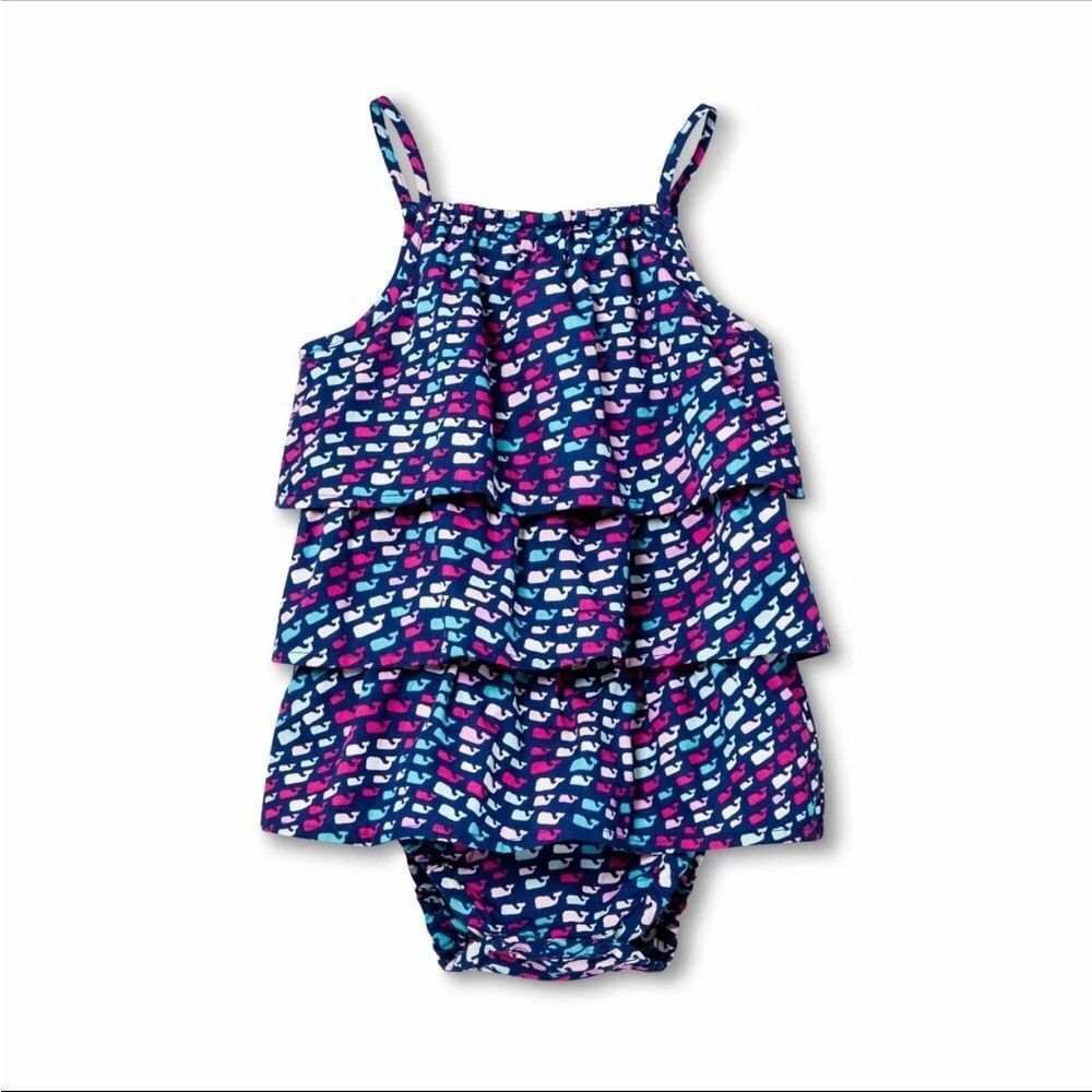 Vineyard Vines Blue Whale Ruffle Onesie Dress